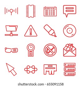 Information icons set. set of 16 information outline icons such as arrival table, love letter, disc on fire, signal, pointer, cpu, pendulum, no smoking, warning, pen, cpu