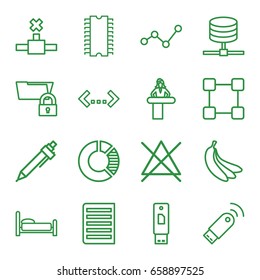 Information icons set. set of 16 information outline icons such as airport desk, no bleaching, pen, document, banana, usb signal, cpu, bed, server, network connection