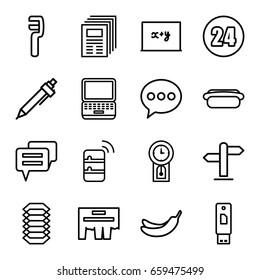 Information icons set. set of 16 information outline icons such as banana, pen, clamp, hot dog, direction, server, electric circuit, 24 hours, pendulum, chat, blackboard x+y