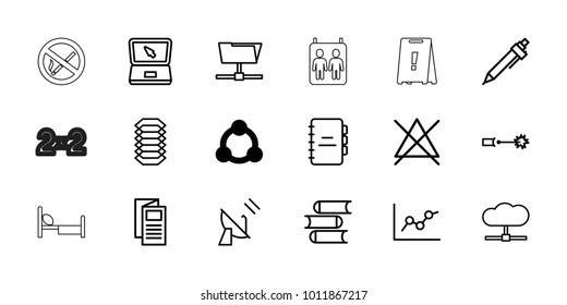 Information icons. set of 18 editable outline information icons: connection, no bleaching, book, pen, news, chart, folder, cloud, laptop, notebook, satellite, electric circuit