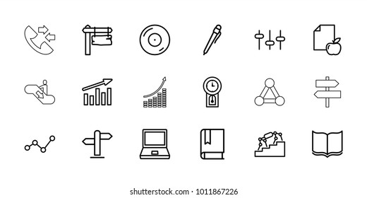 Information icons. set of 18 editable outline information icons: book, pen, laptop, direction board, paper and apple, stairs, chart, graph, disc on fire, equalizer, direction