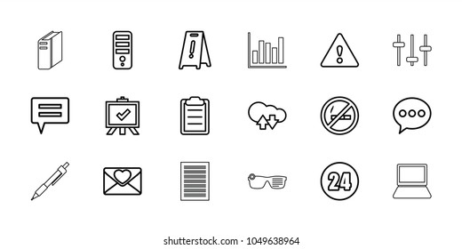 Information icons. set of 18 editable outline information icons: wet floor, board, cpu, chat, no smoking, cloud download upload, love letter, clipboard, warning, 24 hours, pen