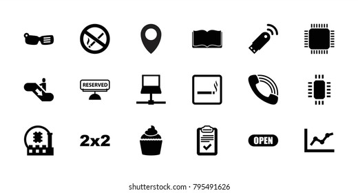 Information icons. set of 18 editable filled information icons: smoking area, blackboard, muffin, chart, cpu, smart glasses, call, clipboard, laptop, reserved, open