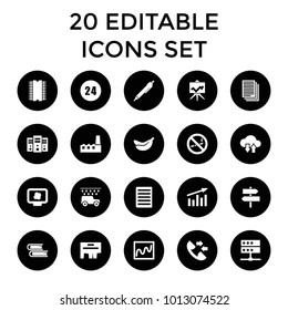 Information icons. set of 20 editable filled information icons such as pen, chart, atom on display, ad, document, server. best quality information elements in trendy style.