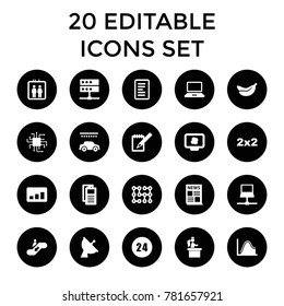 Information icons. set of 20 editable filled information icons such as elevator, car wash, news, blackboard, cpu. best quality information elements in trendy style.