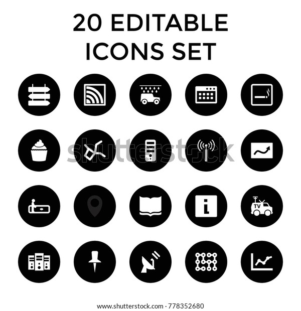 Information icons. set of 20 editable\
filled information icons such as signal tower, escalator, smoking\
area. best quality information elements in trendy\
style.