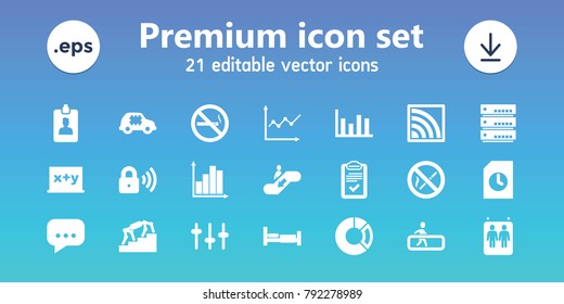 Information icons. set of 21 editable filled information icons includes bed, blackboard x+y, no smoking, cpu in car, stairs, chart, pie chart, equalizer, clipboard, server