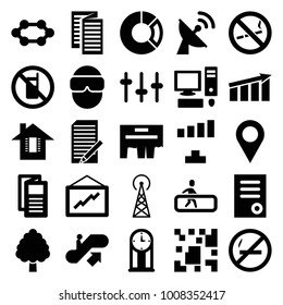 Information icons. set of 25 editable filled information icons such as signal tower, escalator up, no phone, document, signal, news, graph, location, no smoking, cpu, chart