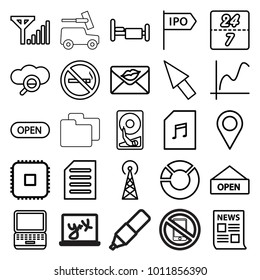 Information icons. set of 25 editable outline information icons such as signal tower, no smoking, location, graph, laptop, news, bed, cpu, love letter, pie chart