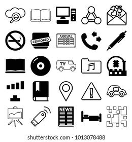 Information icons. set of 25 editable filled and outline information icons such as signal, call, pen, disc, bed, no smoking, cpu, book, censored, pc, location, warning