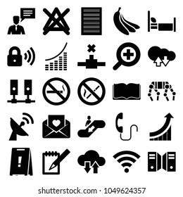 Information icons. set of 25 editable filled information icons such as no bleaching, no smoking, cloud download upload, love letter, man with chat bubblle, notebook, server