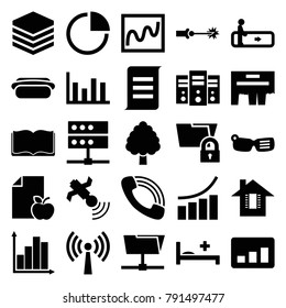 Information icons. set of 25 editable filled information icons such as escalator, graph, chart, smart glasses, ad, call, satellite, medical bed, folder, server, archive