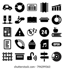 Information icons. set of 25 editable filled information icons such as document, muffin, cpu in car, pie chart, chart, disc on fire, news, call, memory card with music, server