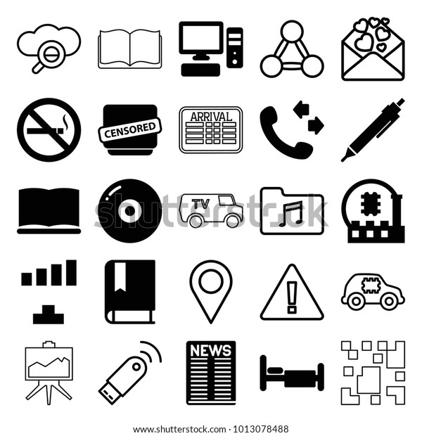 Information icons. set of 25\
editable filled and outline information icons such as signal, call,\
pen, disc, bed, no smoking, cpu, book, censored, pc, location,\
warning