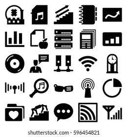 information icons set. Set of 25 information filled icons such as paper and apple, folder with heart, disc on fire, signal, man with chat bubblle, memory card with music