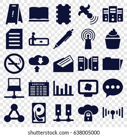Information icons set. set of 25 information filled icons such as escalator, no smoking, arrival table, wet floor, pen, muffin, signal, satellite, document, folder, book