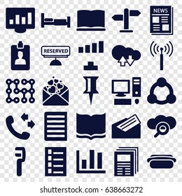 Information icons set. set of 25 information filled icons such as signal tower, bed, document, book, pin, signal, call, clamp, love letter, news, clipboard, letter, reserved