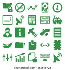 Information icons set. set of 25 information filled icons such as escalator up, smoking area, banana, paper and apple, document, equalizer, tv van, censored woman, folder