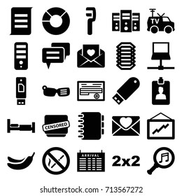 Information icons set. set of 25 information filled icons such as bed, arrival table, banana, cpu, graph, clamp, document, love letter, tv van, censored, flash drive
