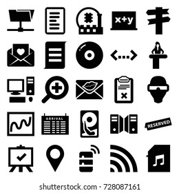 Information icons set. set of 25 information filled icons such as airport desk, arrival table, board, love letter, wi-fi, clipboard, memory card with music, zoom in, reserved