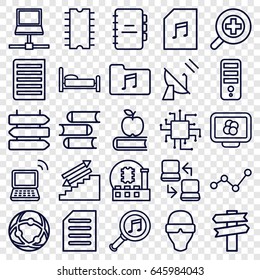 Information icons set. set of 25 information outline icons such as direction   isolated, book, cpu, laptop, music folder, memory card with music, serach music, document
