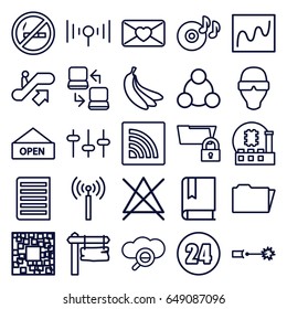 Information icons set. set of 25 information outline icons such as signal tower, escalator up, no bleaching, direction board, love letter, disc on fire, equalizer, document