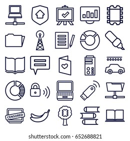 Information icons set. set of 25 information outline icons such as signal tower, banana, car wash, book, board, love letter, censored, folder, security lock, home security