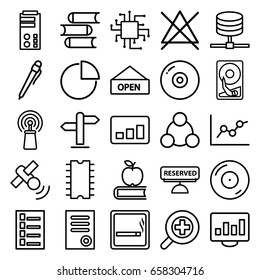 Information icons set. set of 25 information outline icons such as smoking area, document, no bleaching, book, disc on fire, signal, pie chart, zoom in, reserved, cpu