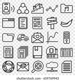 Information icons set. set of 25 information outline icons such as arrival table, banana, cpu, love letter, news, music folder, document, zoom in, connection, book, call