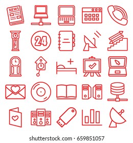 Information icons set. set of 25 information outline icons such as board, love letter, satellite, disc on fire, call, medical bed, flash drive, news, laptop, book, notebook
