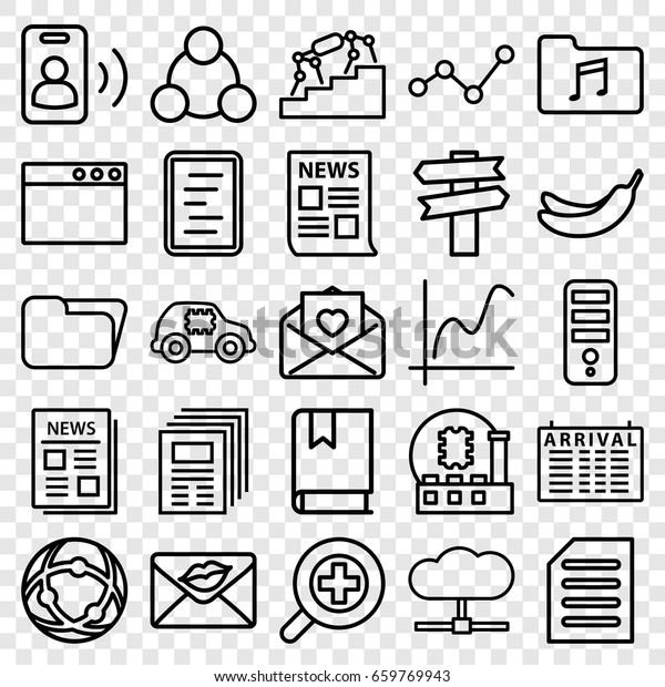 Information icons set. set of\
25 information outline icons such as arrival table, banana, cpu,\
love letter, news, music folder, document, zoom in, connection,\
book, call