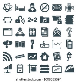Information icons. set of 36 editable filled information icons such as connection, direction   isolated, book, news, graph, no smoking, cpu in house, stairs, love letter