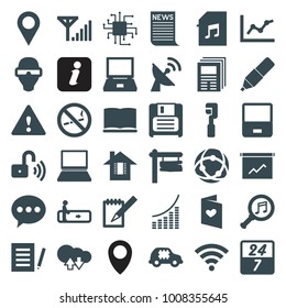 Information icons. set of 36 editable filled information icons such as escalator, chat, location, laptop, document, chart, direction board, cloud download upload, cpu in car