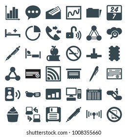 Information icons. set of 36 editable filled information icons such as connection, no smoking, arrival table, pen, chat, document, apple on book, muffin, chart, cpu