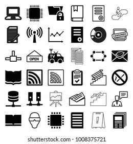 Iconos de información. conjunto de 36 iconos editables rellenos y de información de esquema como documento, libro, carta de amor, periódico, camioneta tv, portapapeles, servidor, protección de carpetas, wi-fi