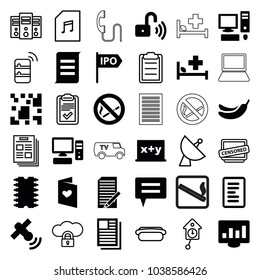 Information icons. set of 36 editable filled and outline information icons such as banana, blackboard x+y, love letter, chart on display, document, chat, pc, cpu