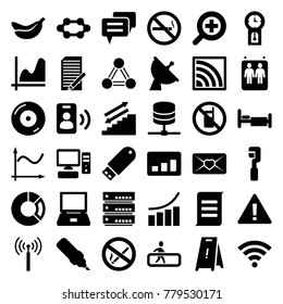 Information icons. set of 36 editable filled information icons such as signal tower, no phone, wet floor, graph, warning, pen, laptop, stairs, bed, no smoking, cpu