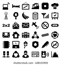 Information icons set. set of 36 information filled icons such as connection, signal tower, bed, board, graph, document, love letter, satellite, laptop, censored woman