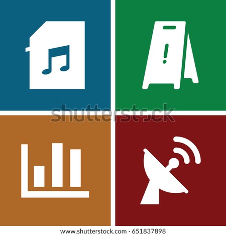 Information icons set. set of 4 information filled icons such as wet floor, memory card with music, satellite