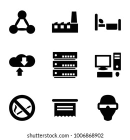 Information icons. set of 9 editable filled information icons such as document, man in smart glasses, download cloud, server, network connection, pc, no smoking, bed
