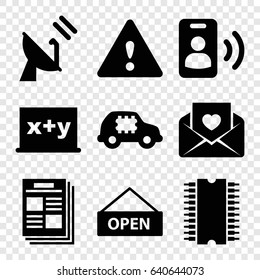 Information icons set. set of 9 information filled icons such as love letter, warning, open plate, satellite, call, cpu, newspaper, cpu in car