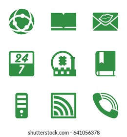 Information icons set. set of 9 information filled icons such as cpu, love letter, call, wi-fi, 24 7 hour, book