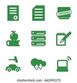 Information icons set. set of 9 information filled icons such as car wash, document, laptop, notebook, censored, cloud download upload, apple on book