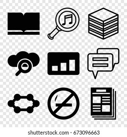 Information icons set. set of 9 information filled and outline icons such as chart, newspaper, cpu, serach music, book, chat, search cloud, no smoking
