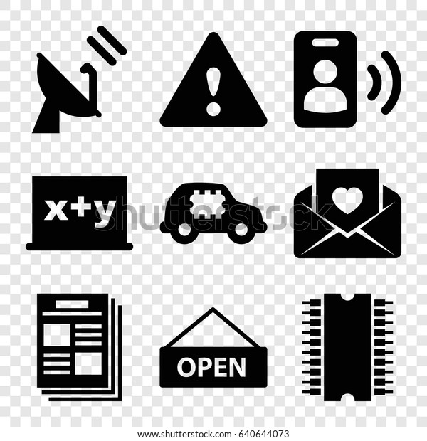 Information icons set. set of 9 information filled\
icons such as love letter, warning, open plate, satellite, call,\
cpu, newspaper, cpu in\
car
