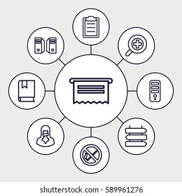 information icons set. Set of 9 information outline icons such as direction   isolated, CPU, censored woman, clipboard, zoom in, book, server, no smoking