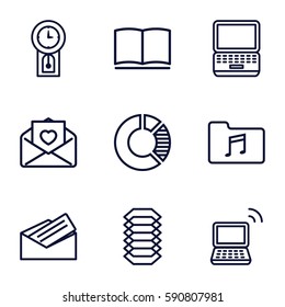 information icons set. Set of 9 information outline icons such as love letter, laptop, music folder, book, letter, electric circuit, pendulum