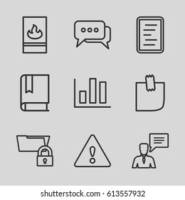 Information icons set. set of 9 information outline icons such as man with chat bubblle, glued note, fire protection, warning, chat, document, chart, folder protection