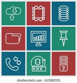 Information icons set. set of 9 information outline icons such as CPU, pin, signal, call, electric circuit, folder