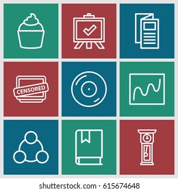 Information icons set. set of 9 information outline icons such as board, news, muffin, disc on fire, censored, connection, book, pendulum